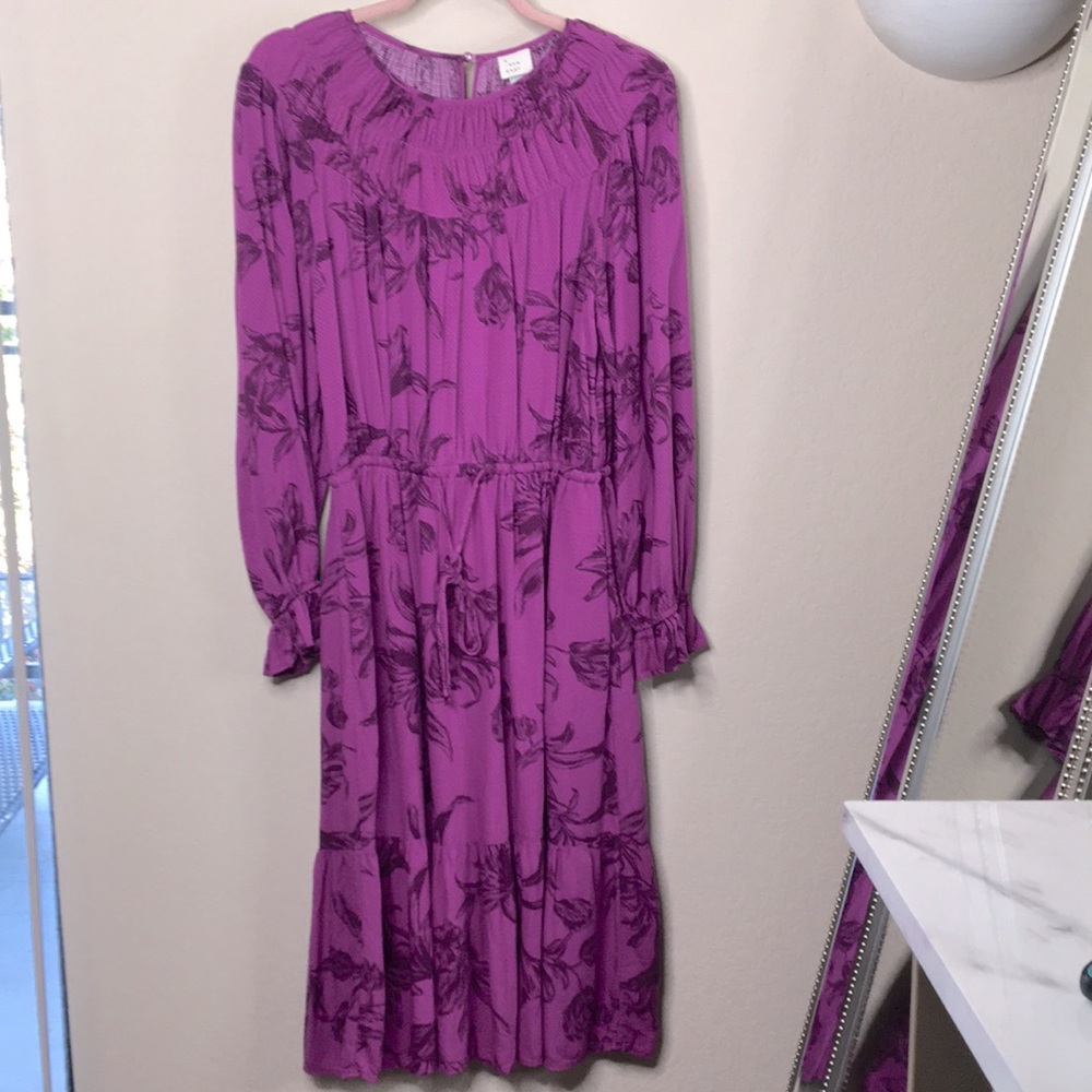 Midi, cool tone magenta, long sleeve floral dress